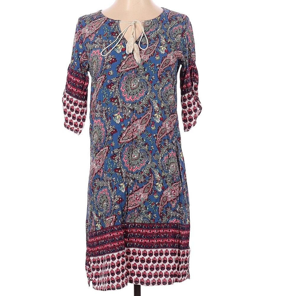 ARANEE Bohemian Quarter Sleeves Tassel Tie Neck  Blue Paisley Tunic Dress Small